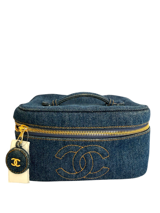 Chanel vintage denim 24k plated gold hardware cosmetic top handle case
