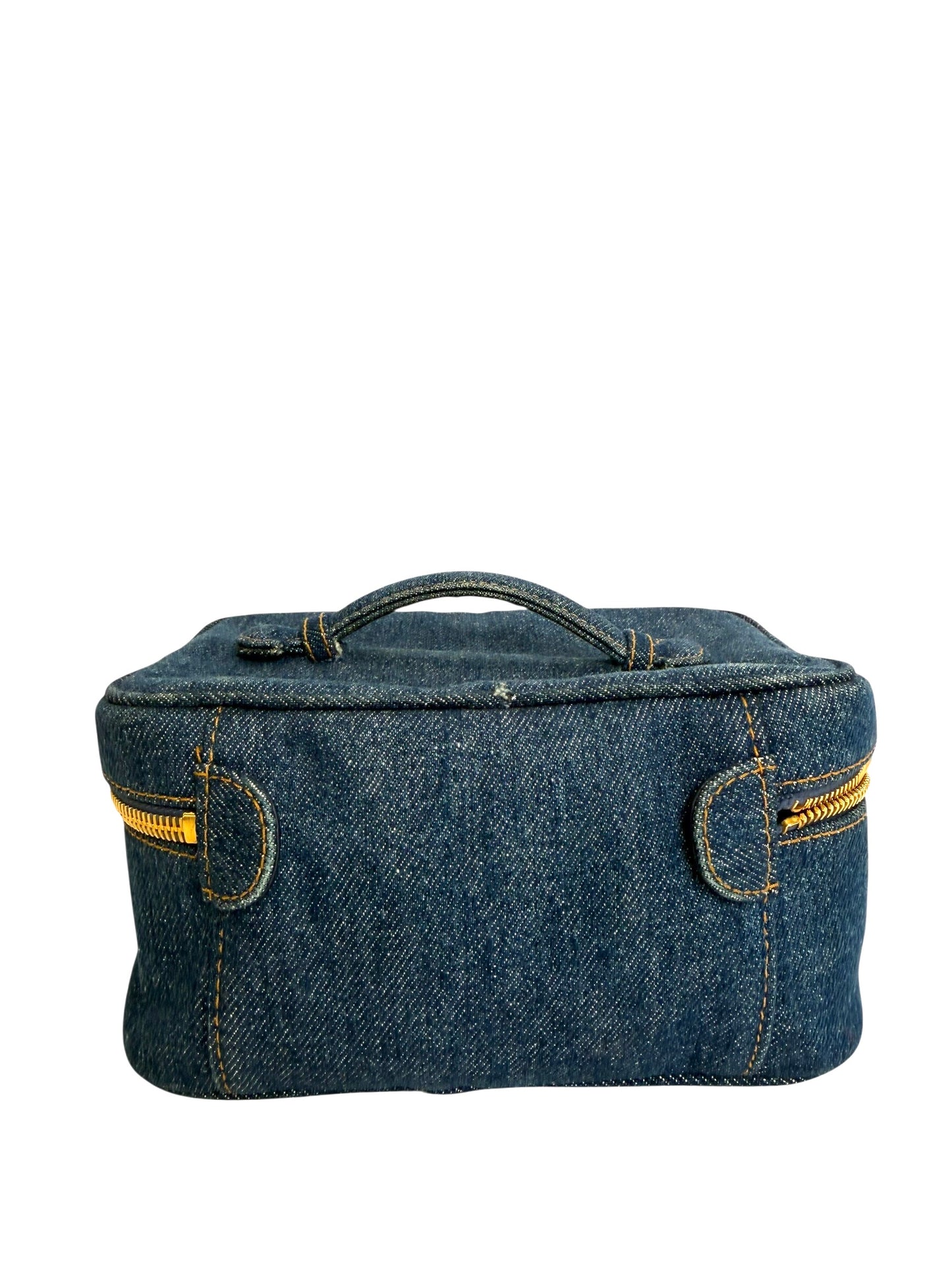 Chanel vintage denim 24k plated gold hardware cosmetic top handle case