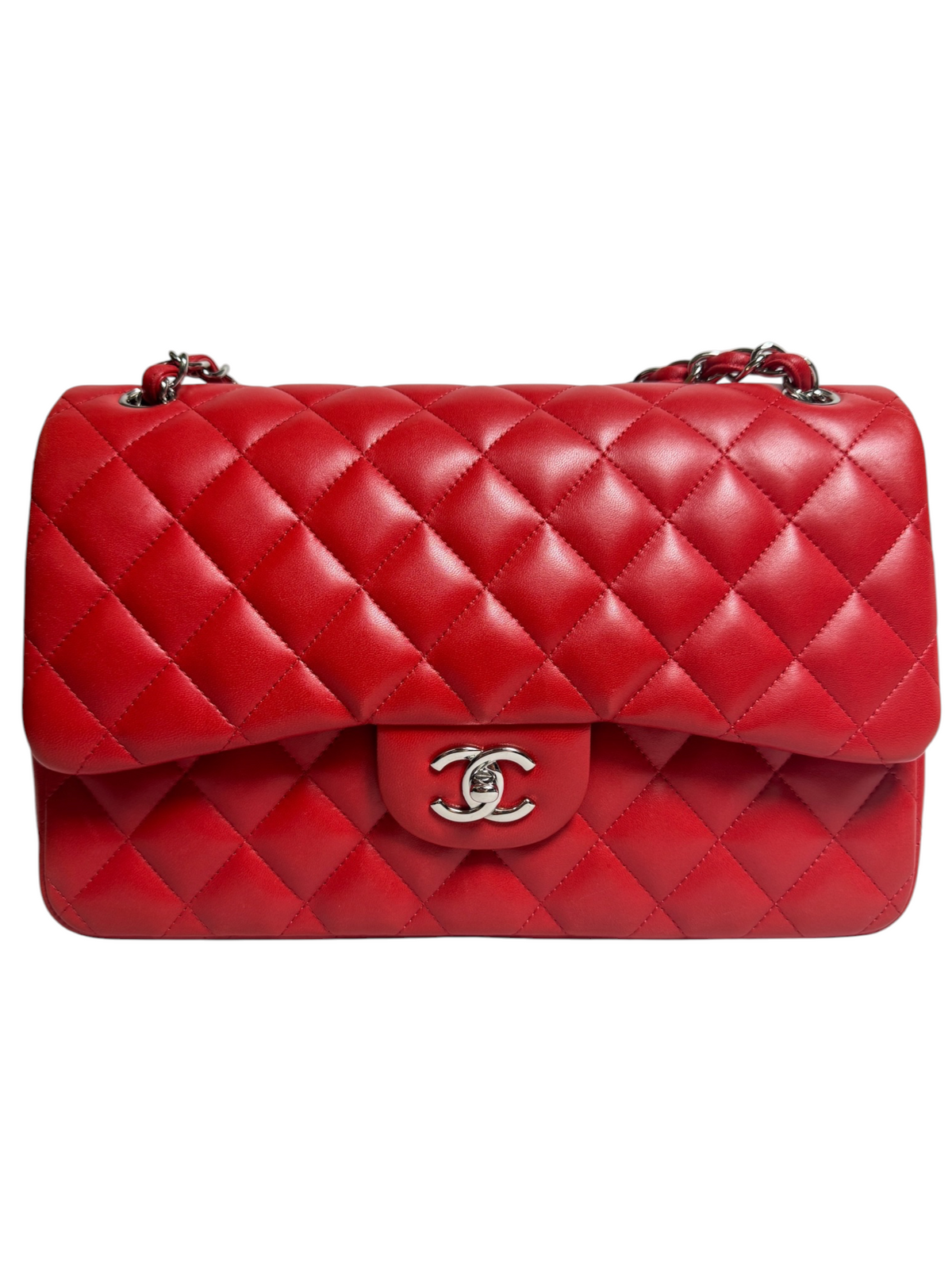 Chanel Red Quilted Lambskin Double Flap Jumbo SHW T9135