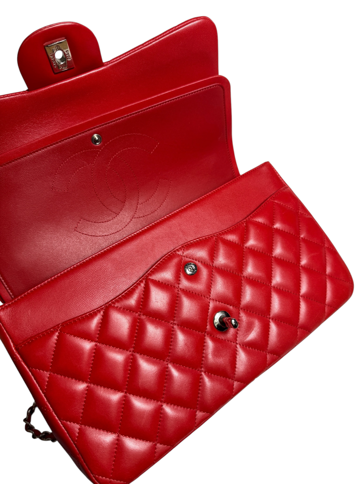 Chanel Red Quilted Lambskin Double Flap Jumbo SHW T9135