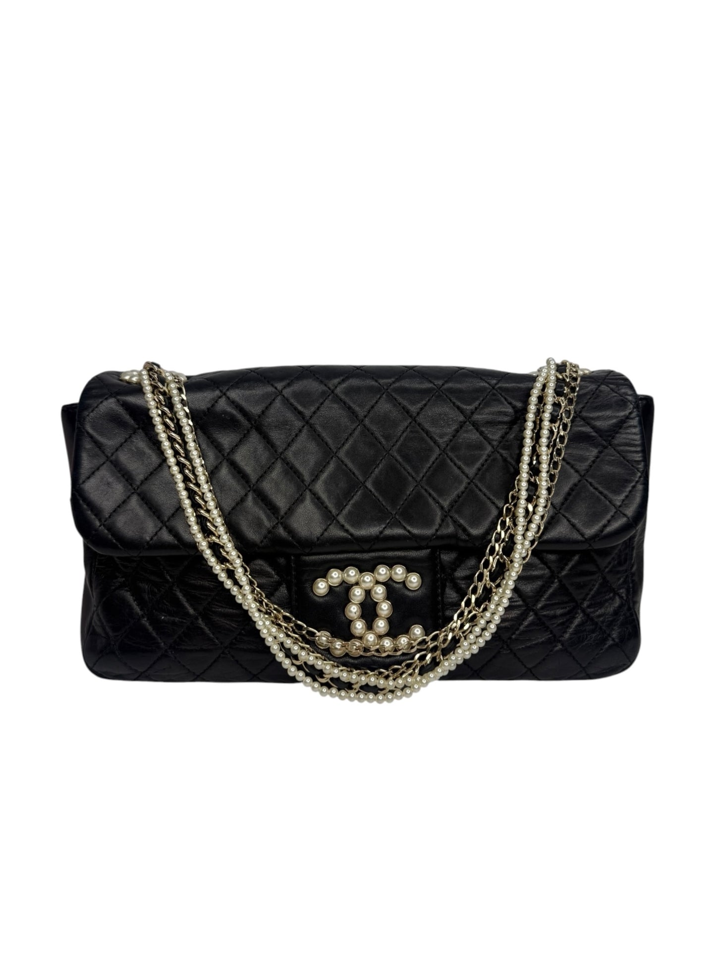 Chanel Westminster Pearl Chain Black Lambskin Flap T8798