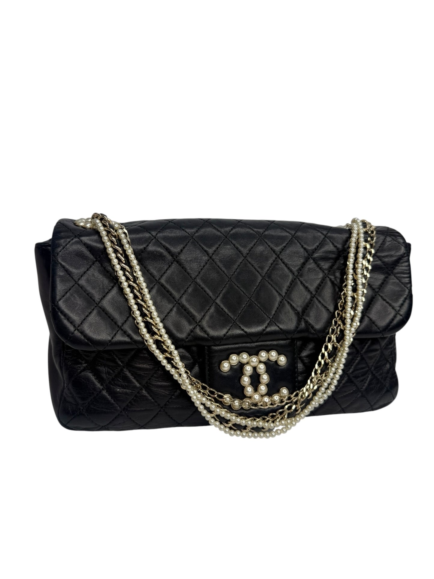 Chanel Westminster Pearl Chain Black Lambskin Flap T8798