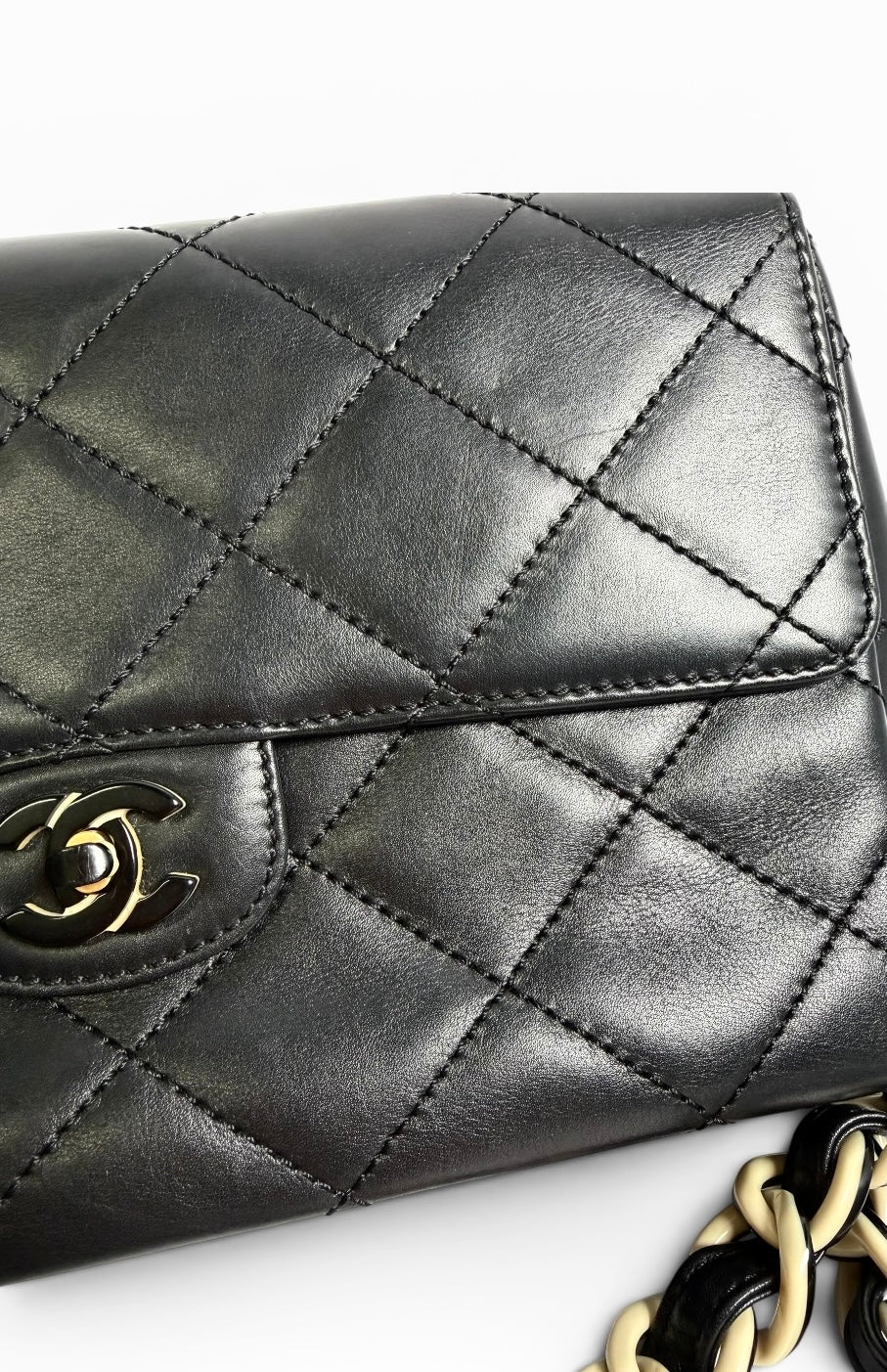 Chanel Vintage Black Medium Single Flap Black and White Resin
