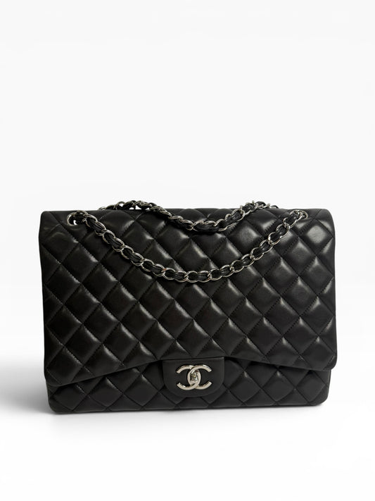 Chanel Black Lambskin Maxi Classic Double Flap SHW