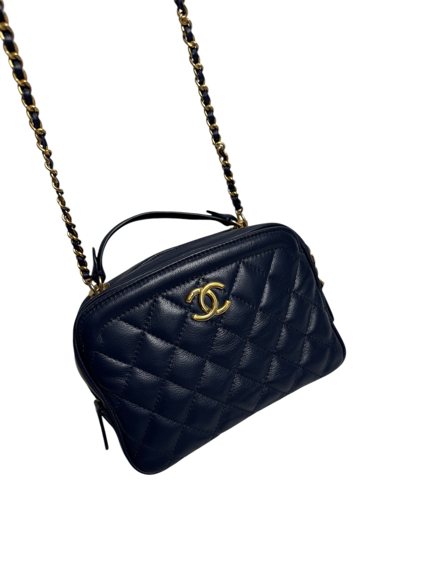Chanel Quilted Navy Crossbody Top Handle Bag
