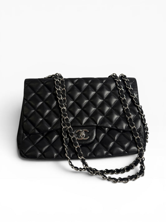 Chanel Black Lambskin Jumbo Classic Single Flap SHW