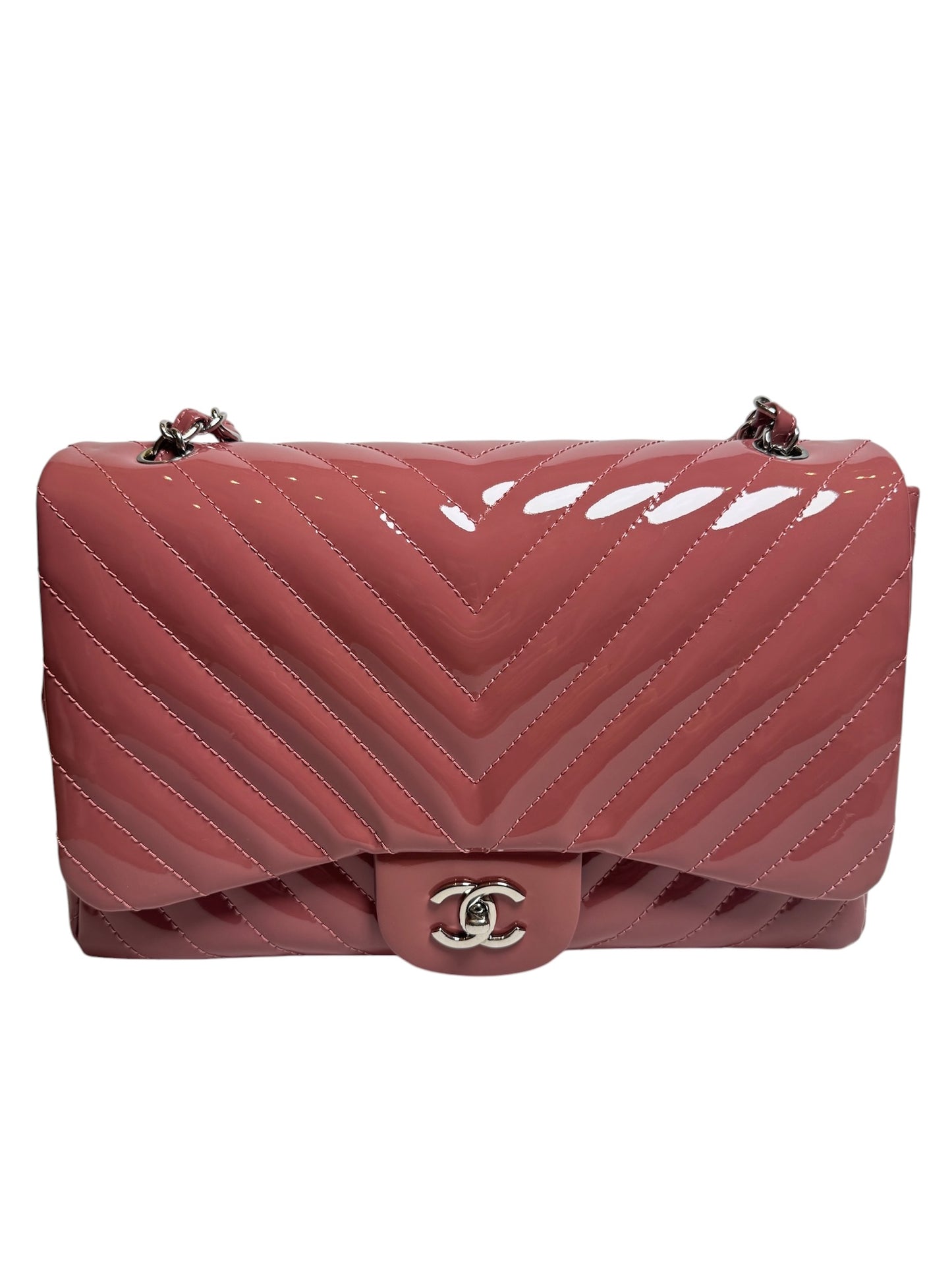 Chanel Pink Patent Chevron Jumbo Flap