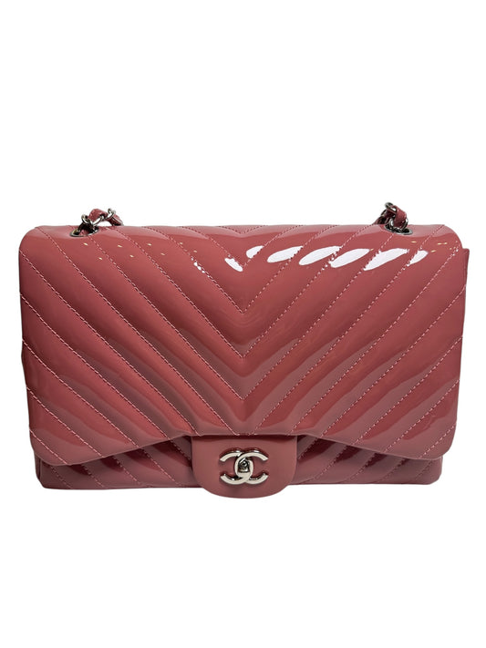 Chanel Pink Patent Chevron Jumbo Flap