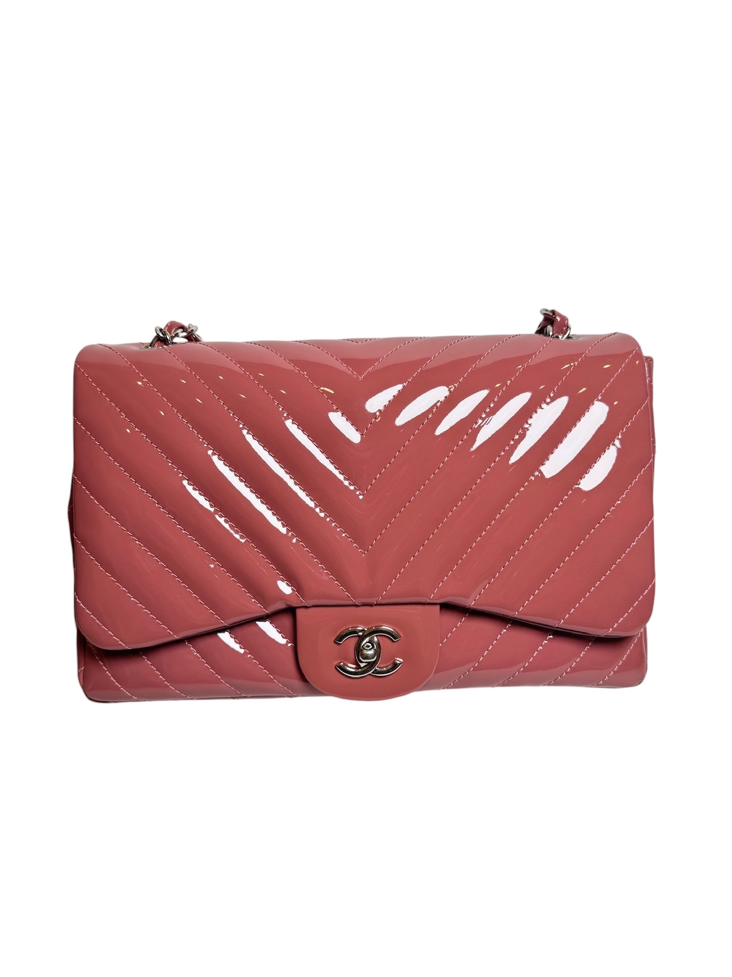 Chanel Pink Patent Chevron Jumbo Flap