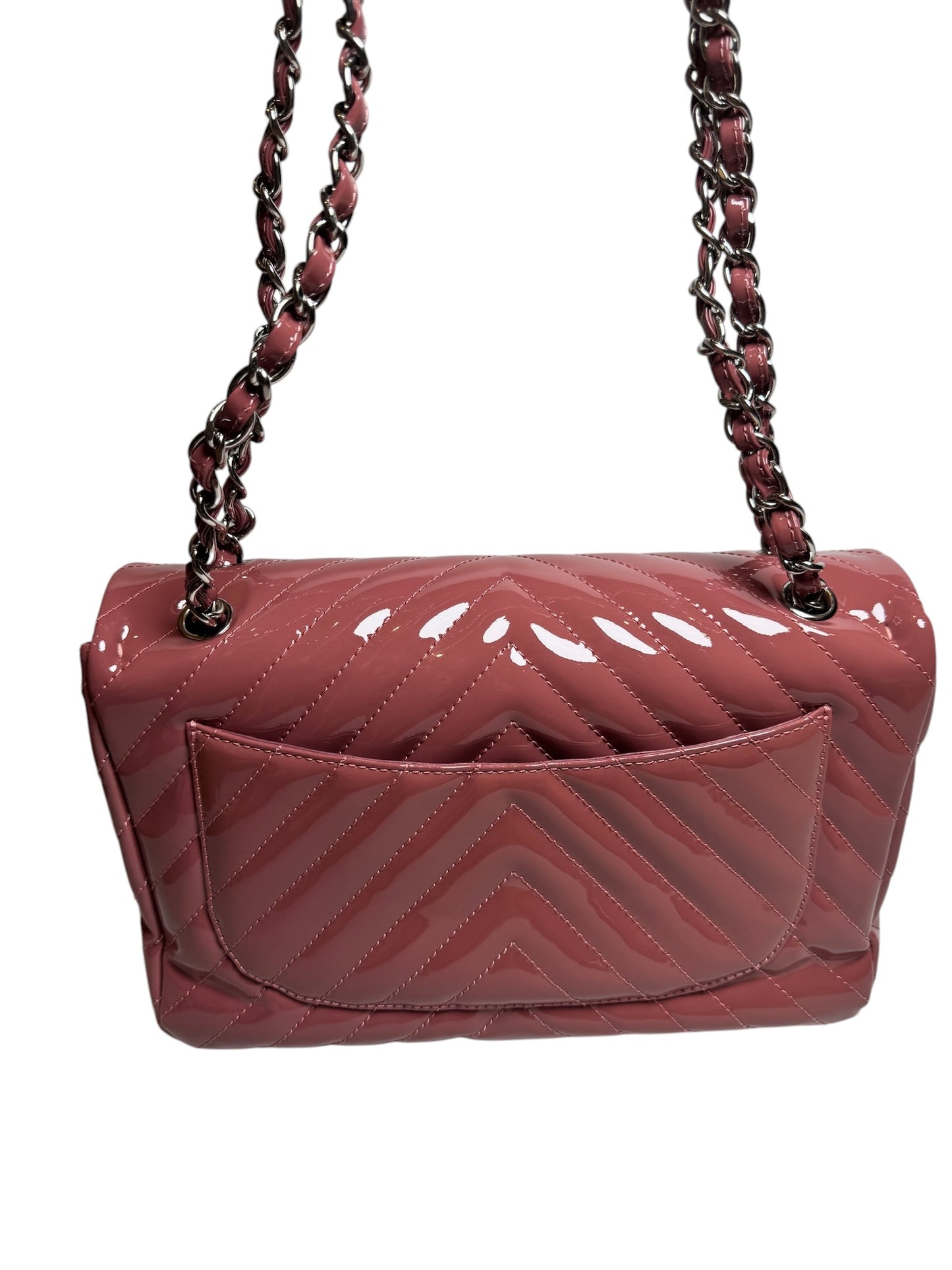 Chanel Pink Patent Chevron Jumbo Flap
