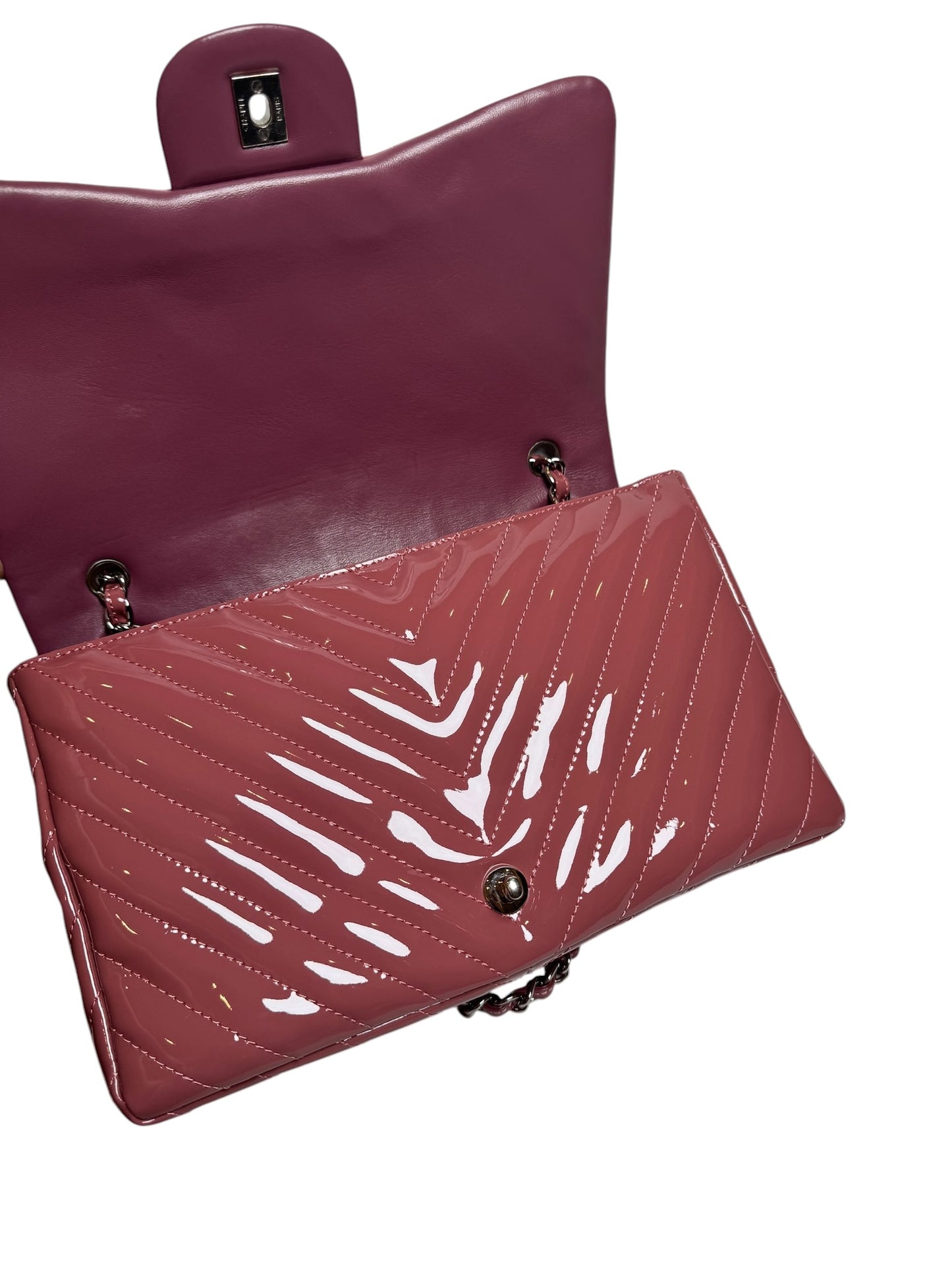 Chanel Pink Patent Chevron Jumbo Flap