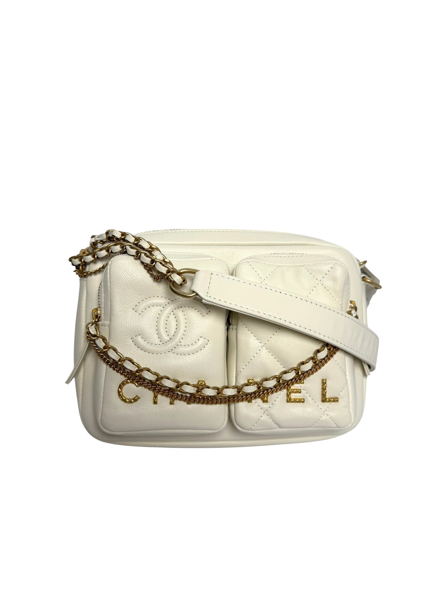 Chanel White Calfskin Twin Pocket Camera Bag