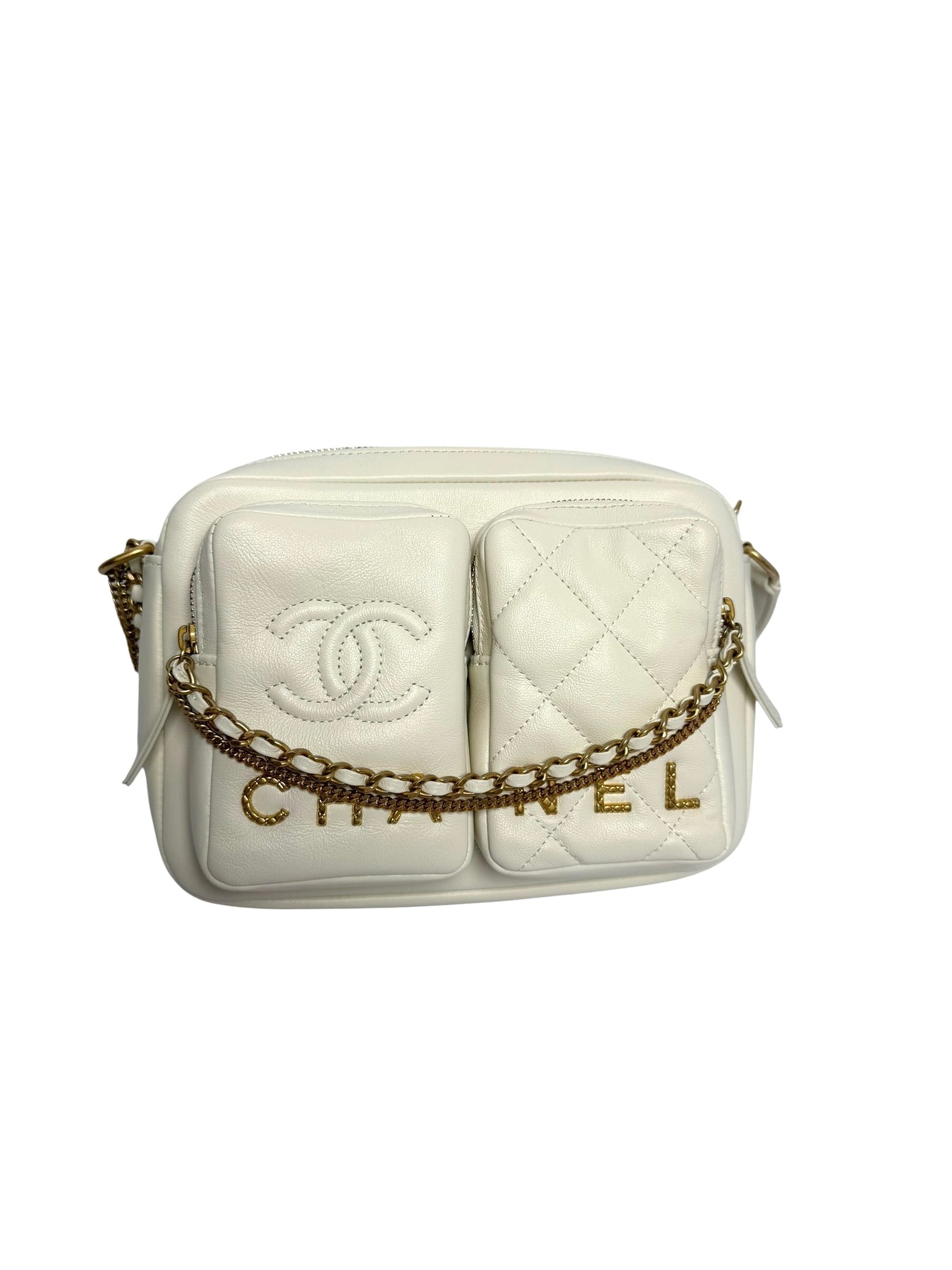 Chanel White Calfskin Twin Pocket Camera Bag