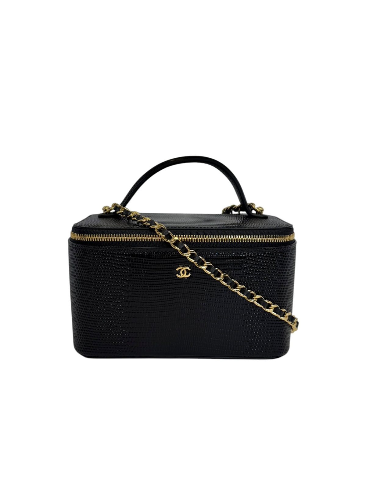 Chanel Black Lizard Embossed Vanity Crossbody T8593