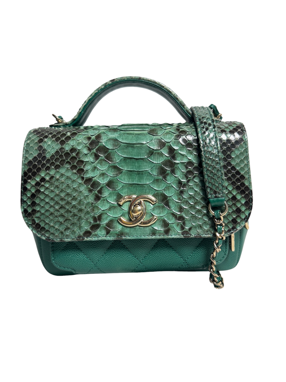 Chanel Business Affinity Green Python and Caviar Top Handle Flap T9245