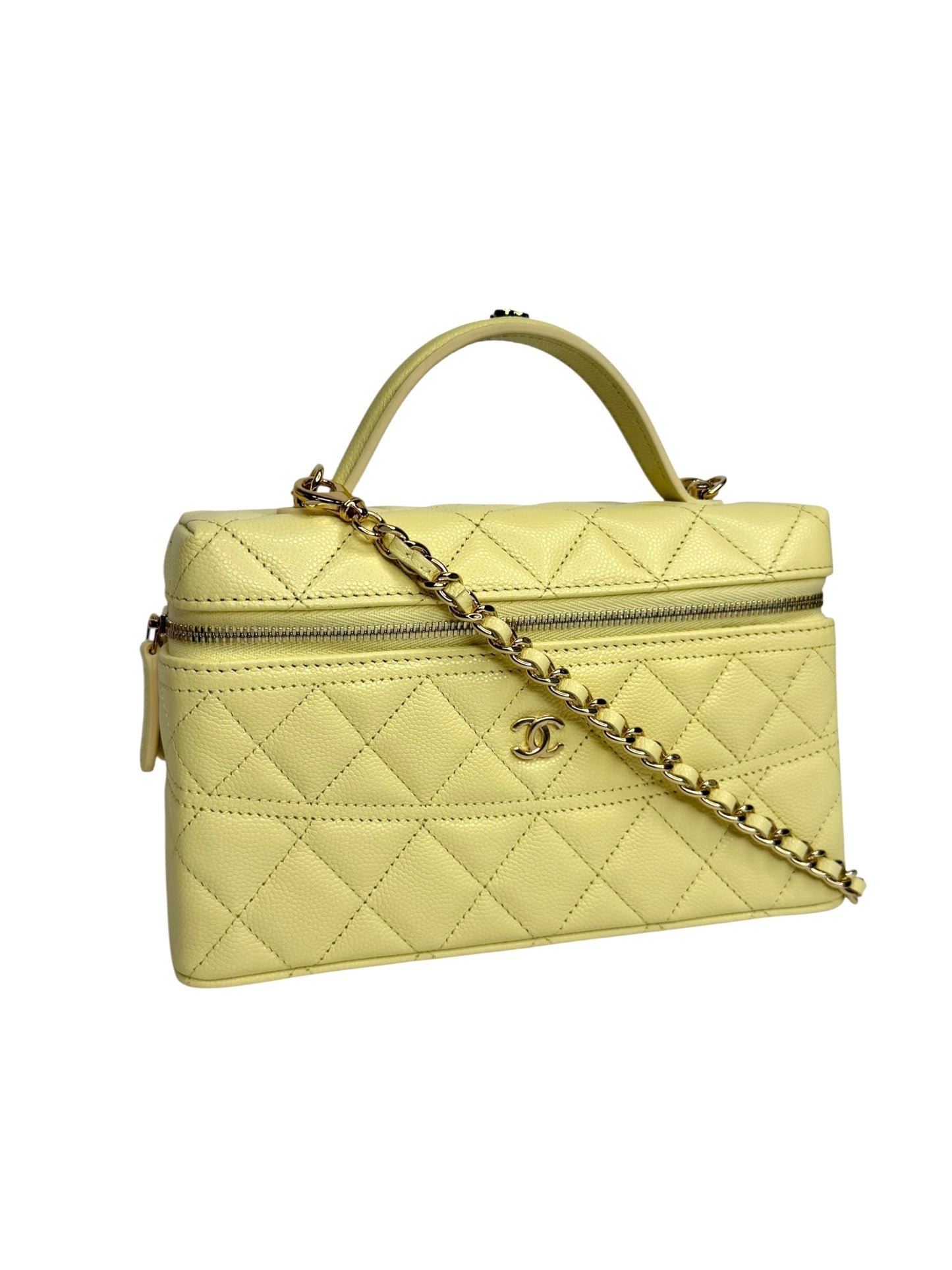 Chanel Light Yellow Caviar Top Handle Slim Vanity T8702