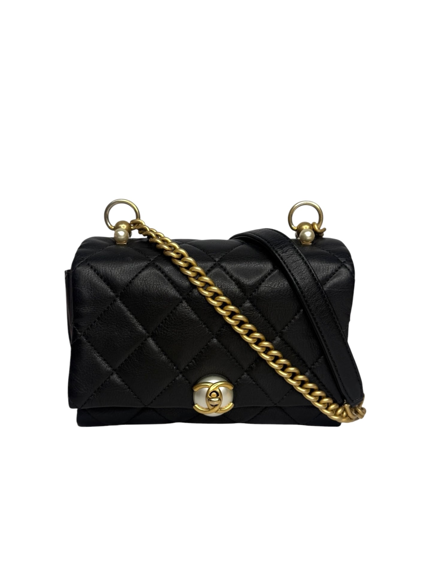 Chanel Small Black Calfskin Pearl Flap T8821