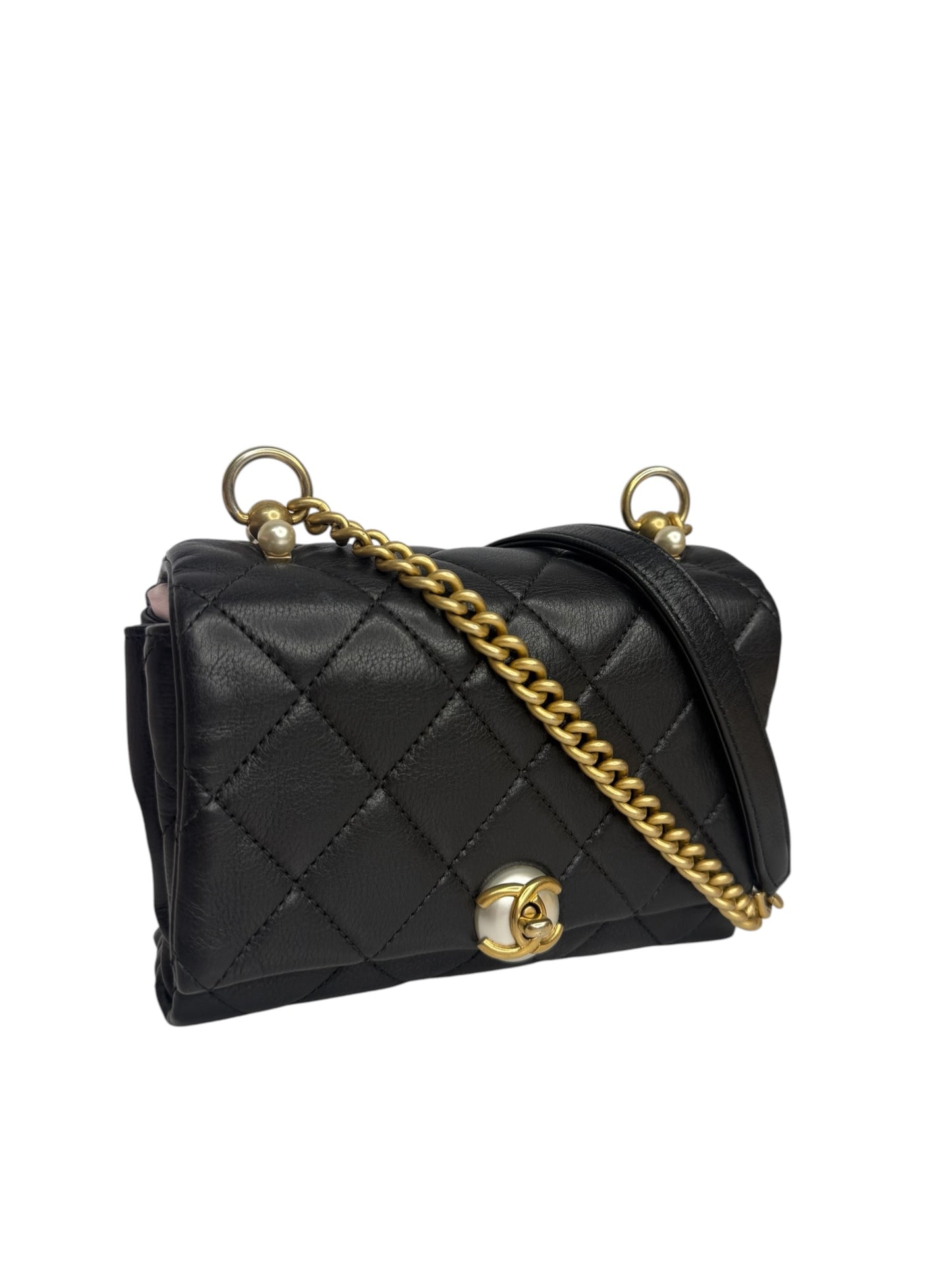 Chanel Small Black Calfskin Pearl Flap T8821