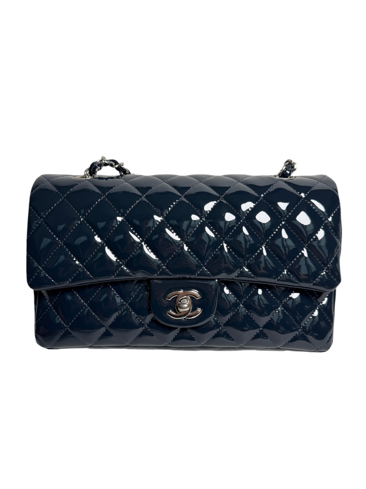 Chanel Patent Navy Classic Double Flap SHW T9252