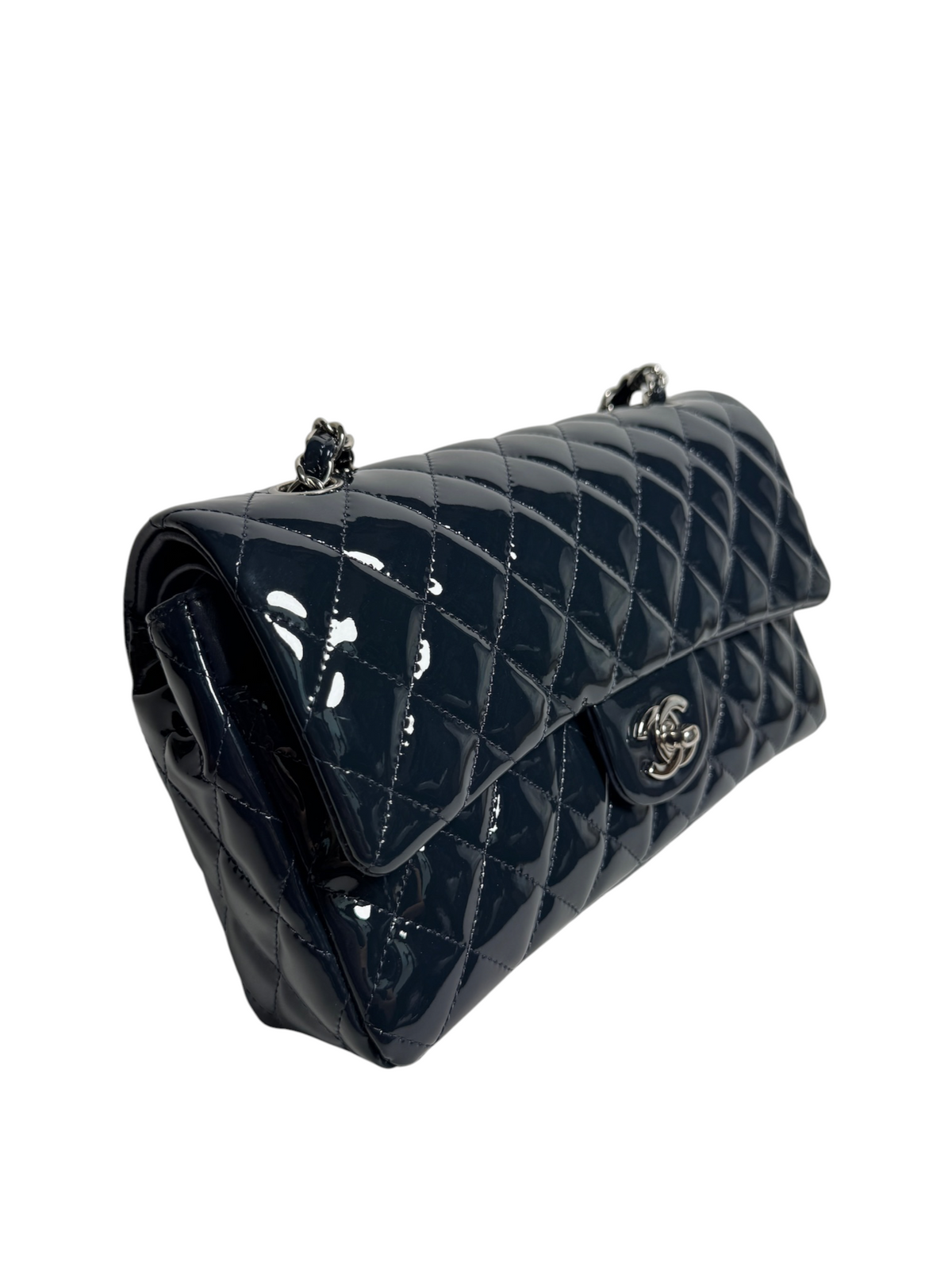 Chanel Patent Navy Classic Double Flap SHW T9252