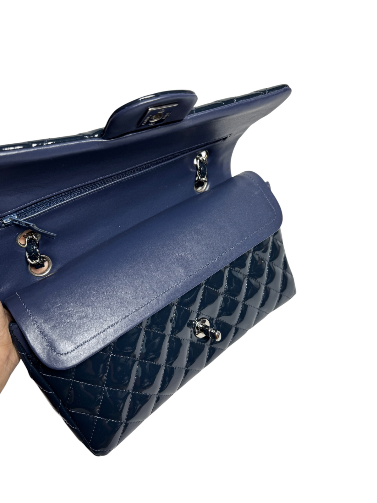 Chanel Patent Navy Classic Double Flap SHW T9252