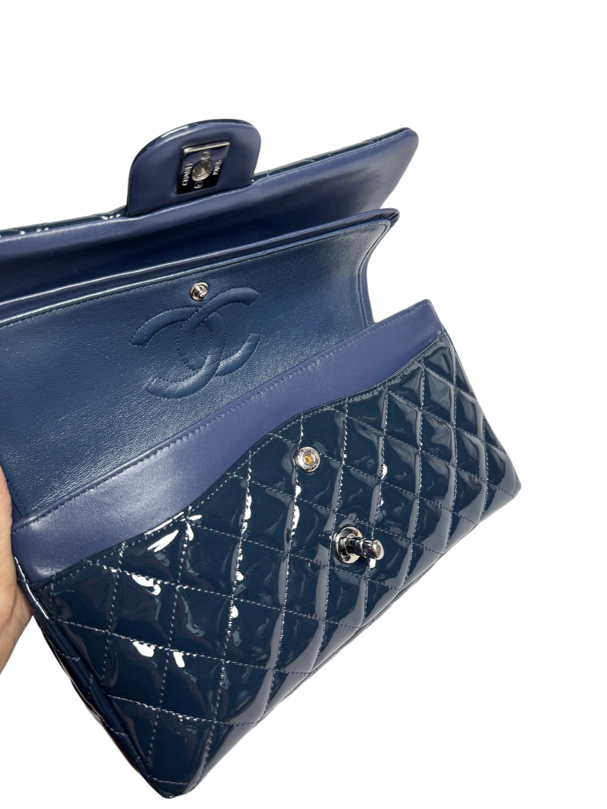 Chanel Patent Navy Classic Double Flap SHW T9252