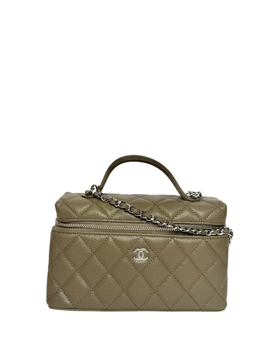 Chanel Quilted Caviar Slim Vanity Top Handle With Chain Dark Beige