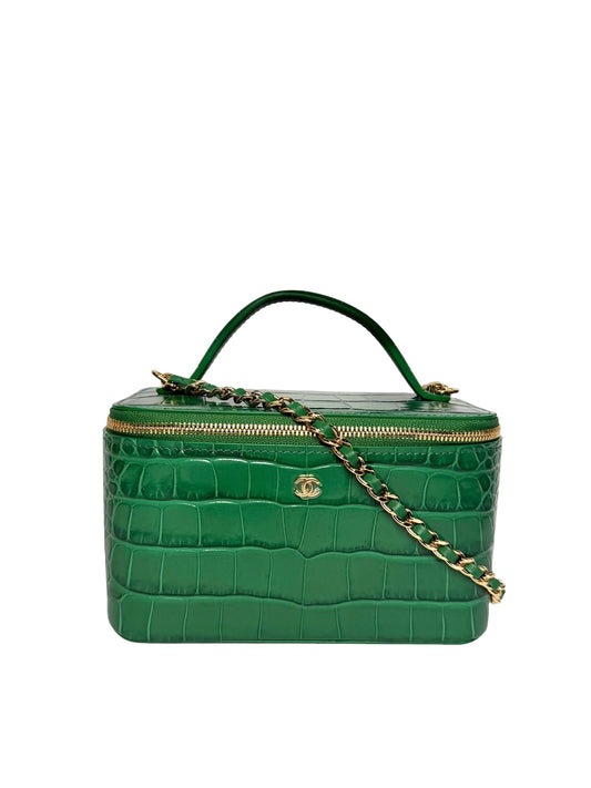 Chanel Green Crocodile Embossed Vanity With Chain