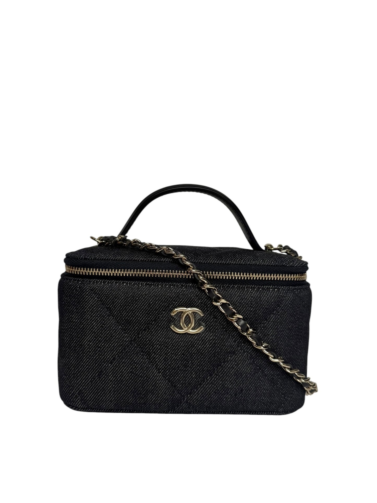 Chanel Denim Quilted Top Handle Vanity Case With Chain T8232