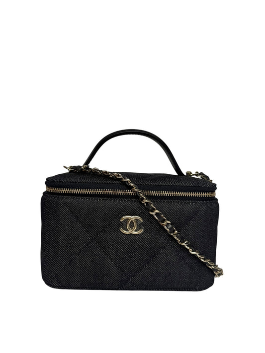 Chanel Denim Quilted Top Handle Vanity Case With Chain