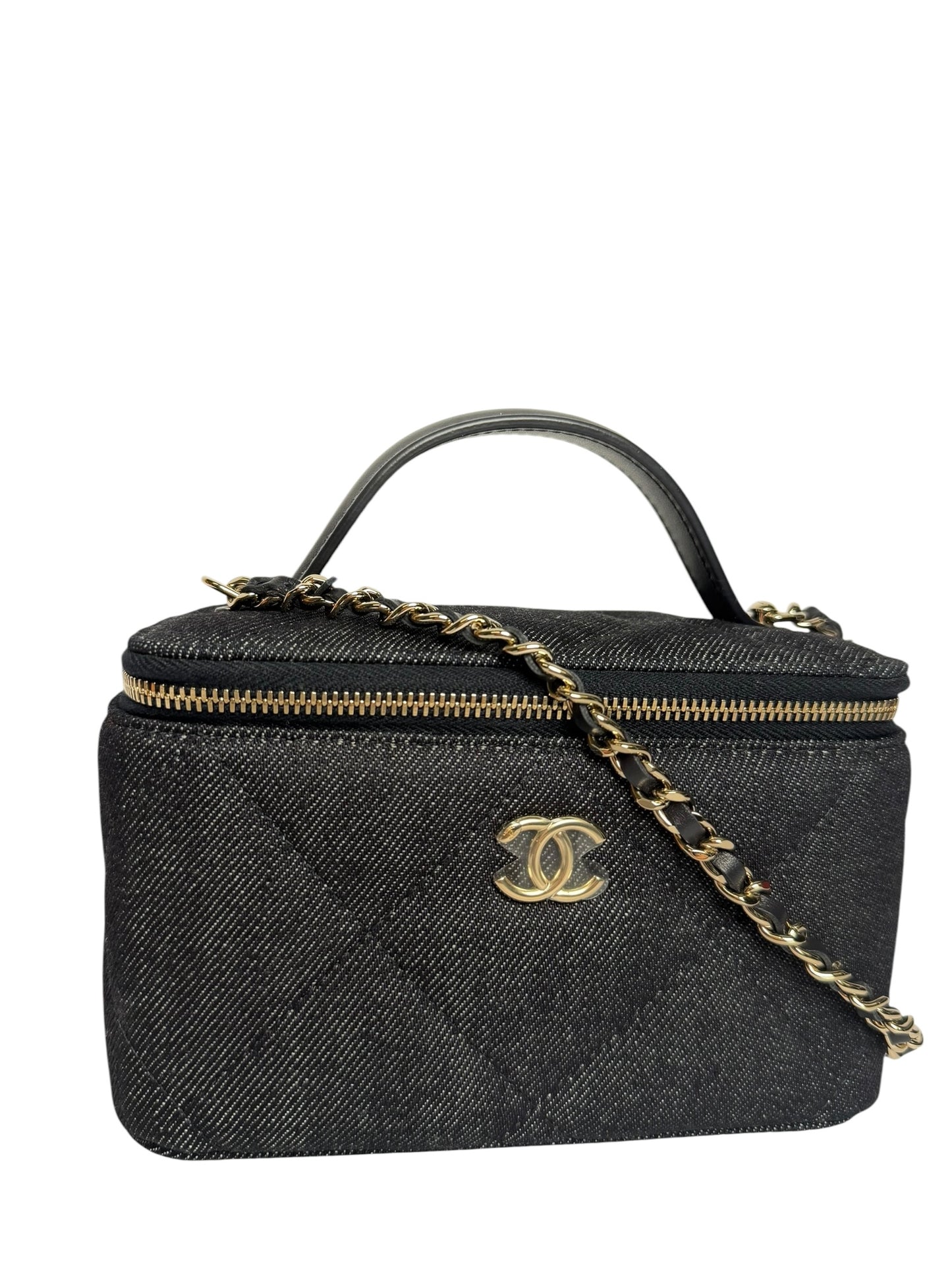 Chanel Denim Quilted Top Handle Vanity Case With Chain T8232