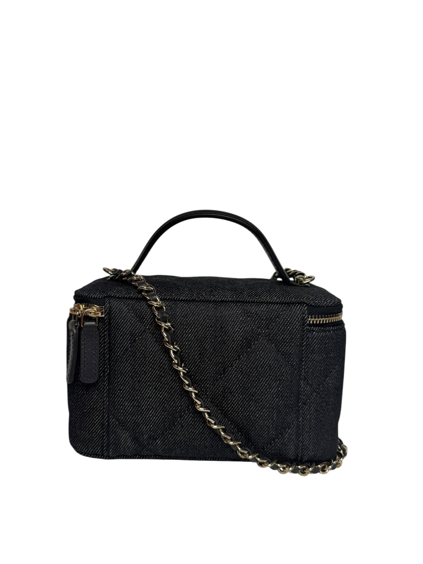 Chanel Denim Quilted Top Handle Vanity Case With Chain T8232