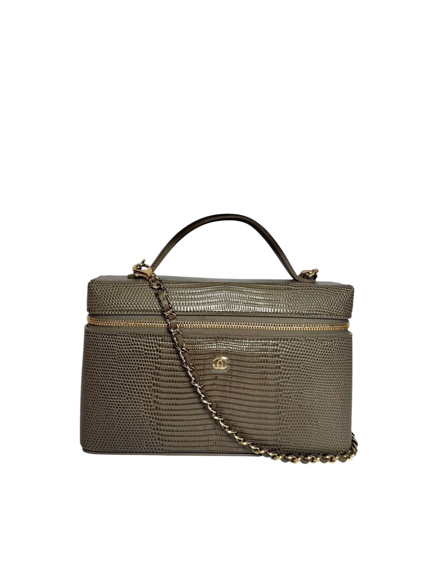 Chanel Dark Beige Lizard Embossed Slim Vanity on Chain