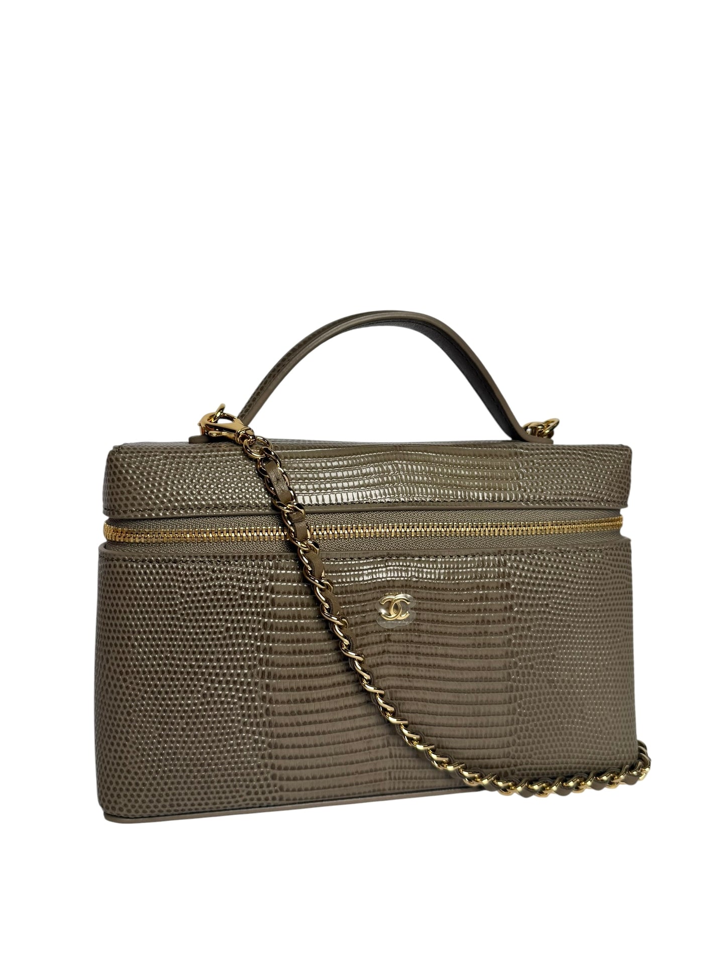 Chanel Dark Beige Lizard Embossed Slim Vanity on Chain