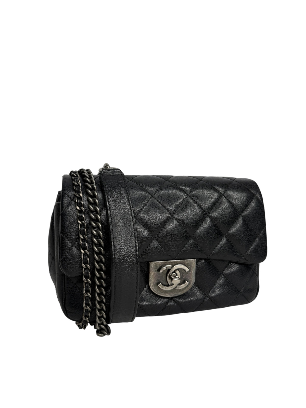 Chanel Black Quilted Goatskin Double Carry Flap Bag T8994