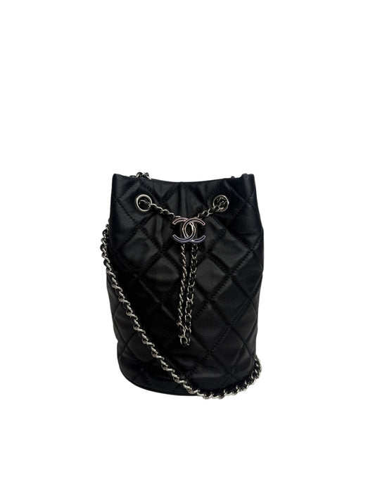 Chanel Black Quilted Lambskin Drawstring Bucket Bag Rainbow CC T8886