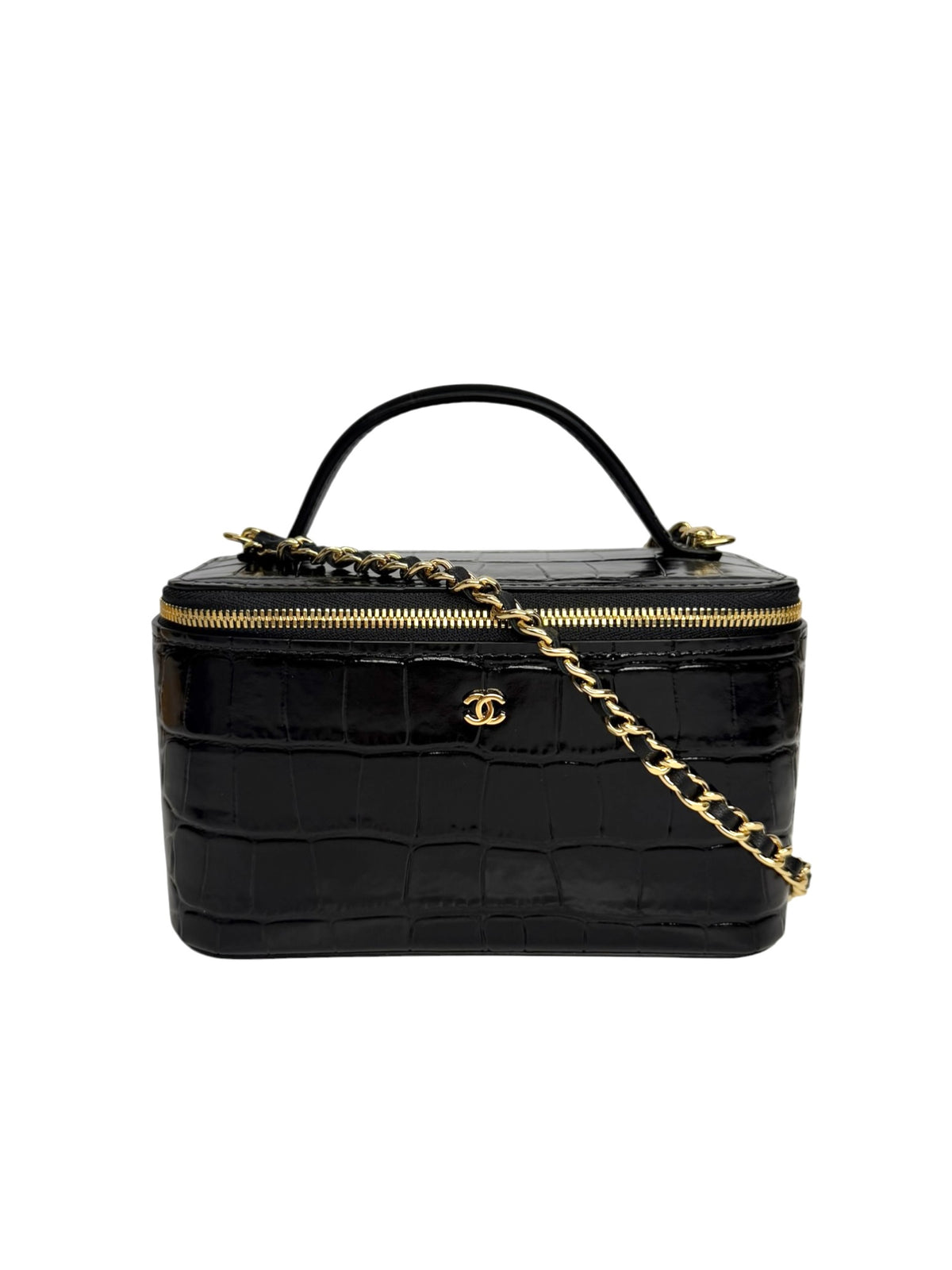 Chanel Black Crocodile Embossed Top Handle Vanity T8833