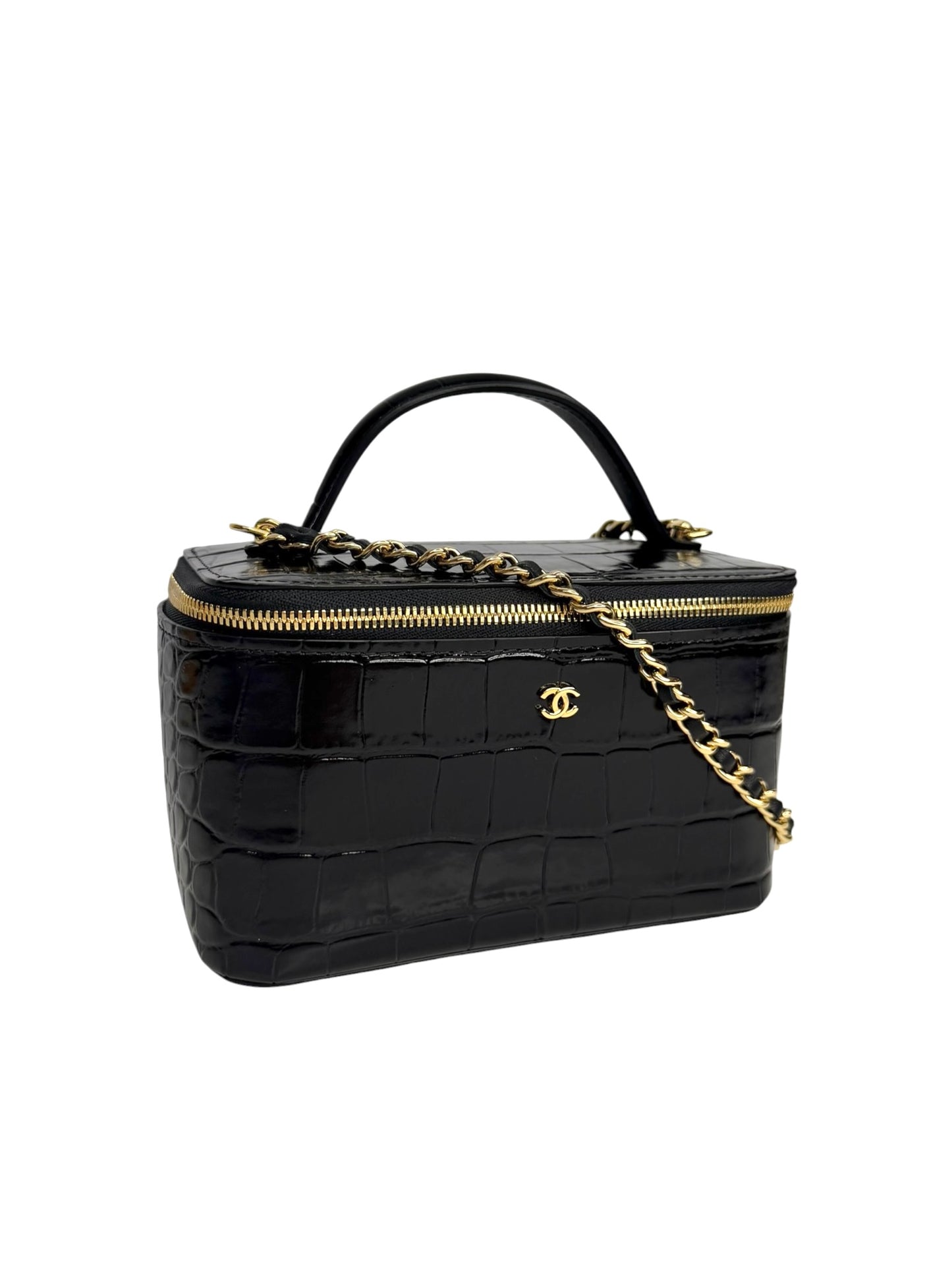 Chanel Black Crocodile Embossed Top Handle Vanity T8833
