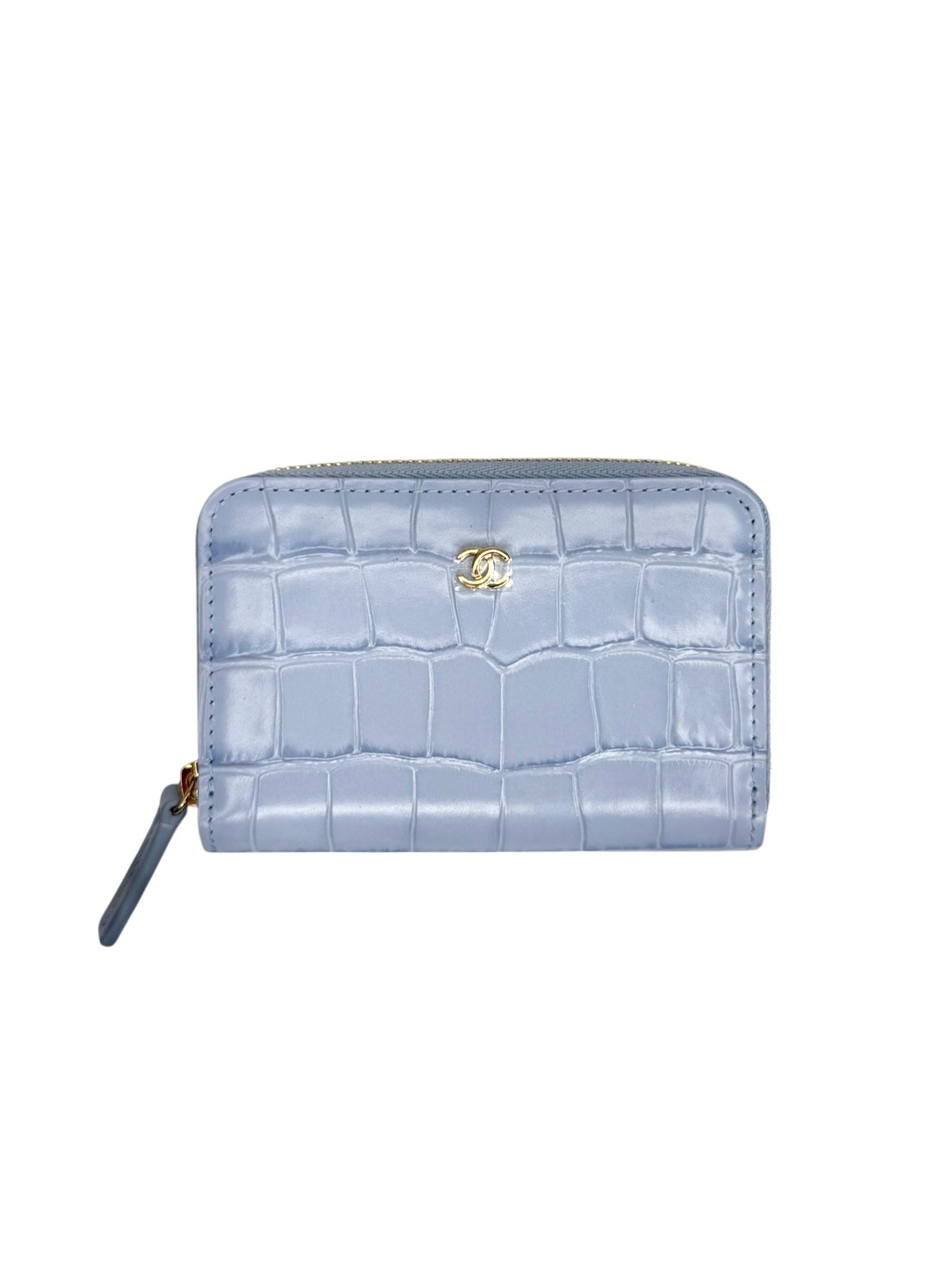 Chanel Light Blue Crocodile Embossed Zip Around Card Case T8840