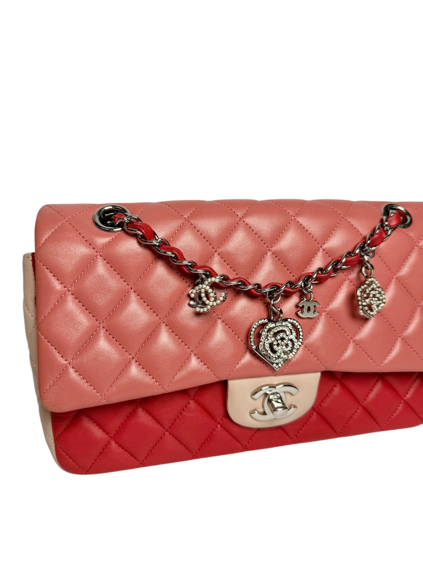 Chanel Colorblock Pink Valentines Heart Charms Medium Flap