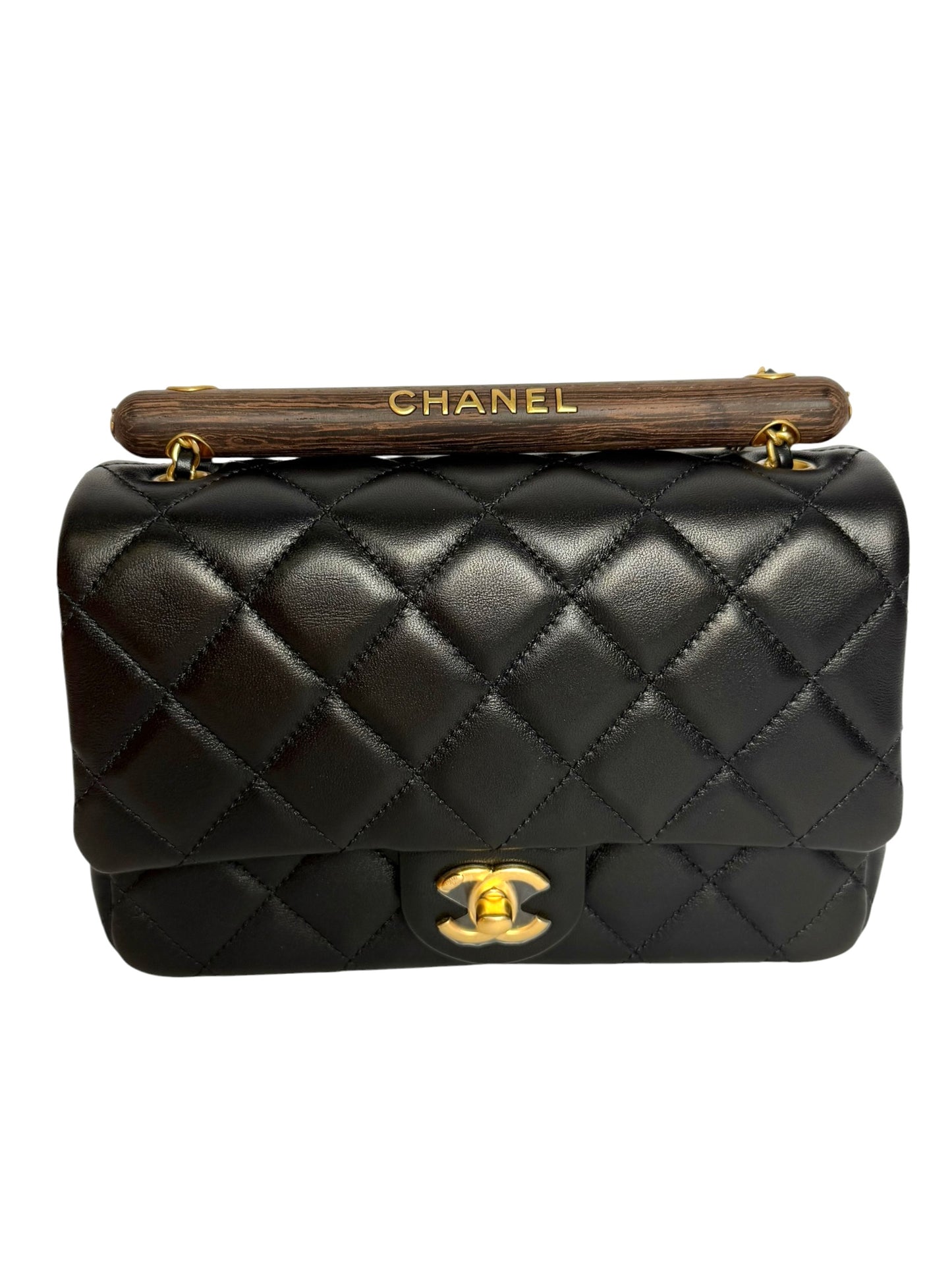 Chanel Quilted Black Mini Flap Wooden Top Handle