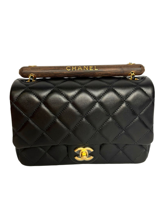 Chanel Quilted Black Mini Flap Wooden Top Handle