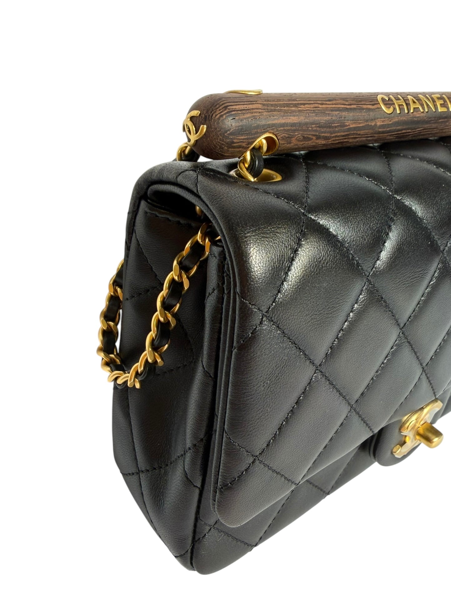 Chanel Quilted Black Mini Flap Wooden Top Handle