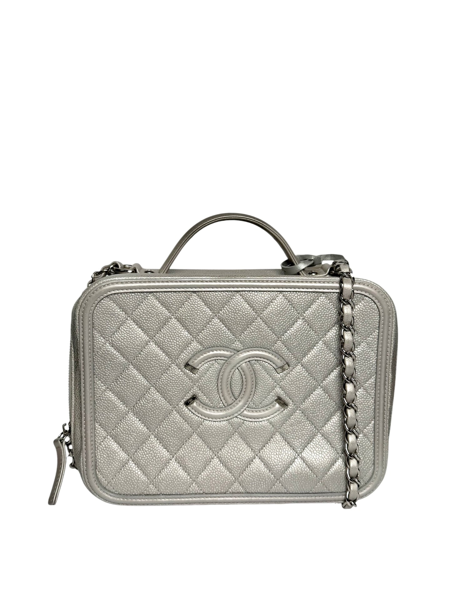 Chanel Silver Caviar Filigree Vanity Bag