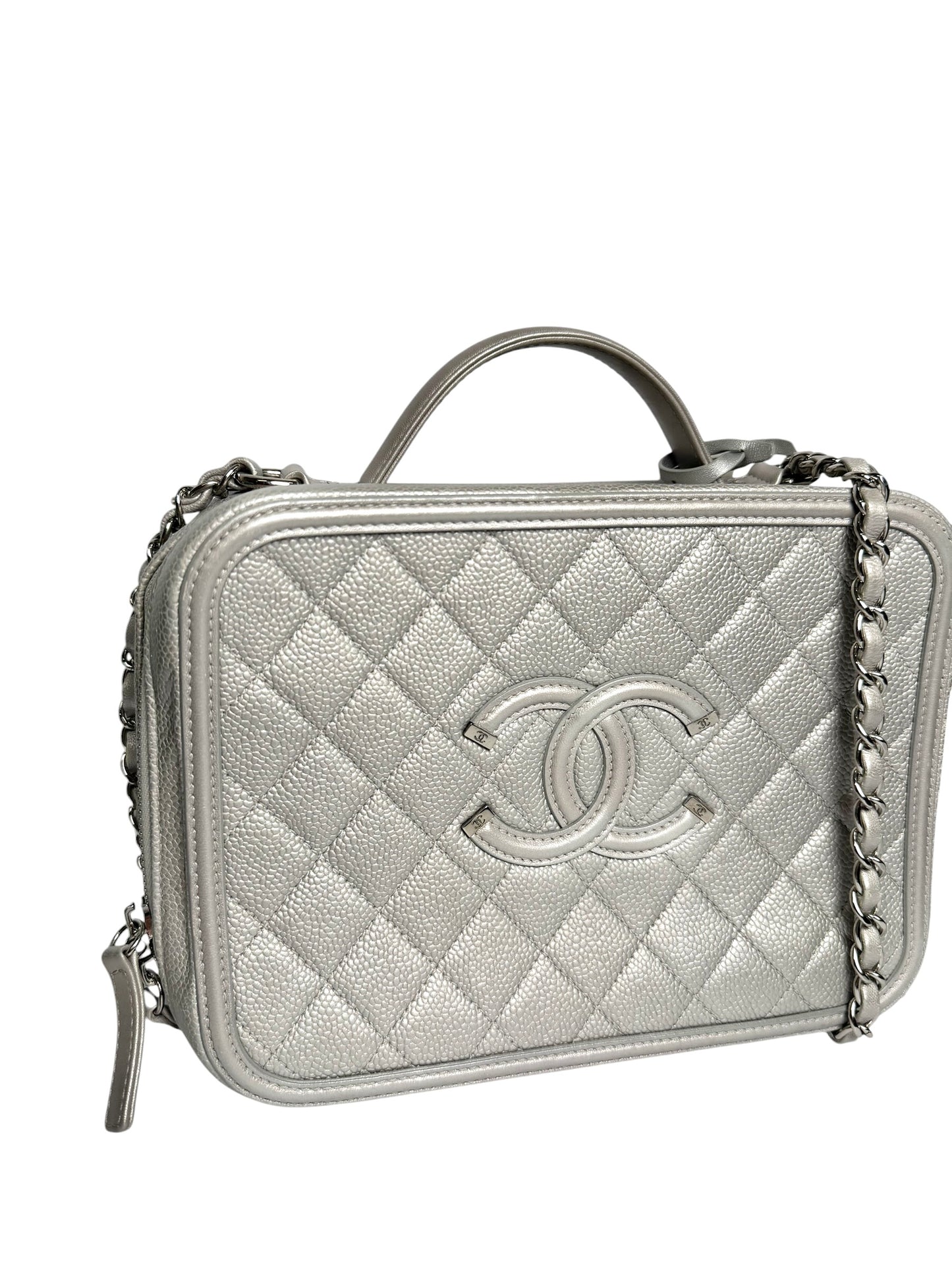 Chanel Silver Caviar Filigree Vanity Bag