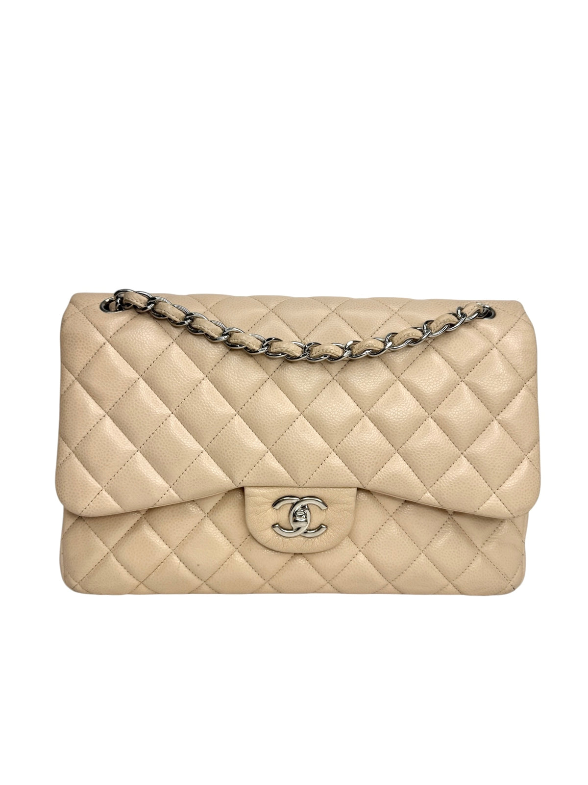 Chanel Beige Caviar Jumbo Double Flap SHW T8961