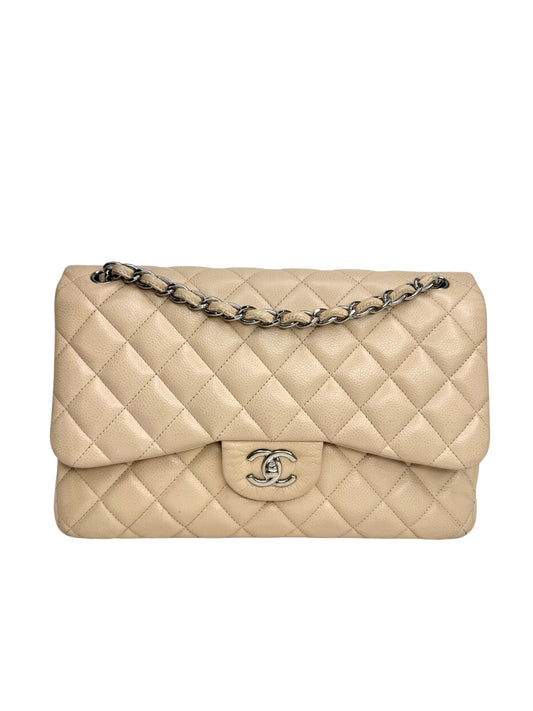 Chanel Beige Caviar Jumbo Double Flap SHW T8961