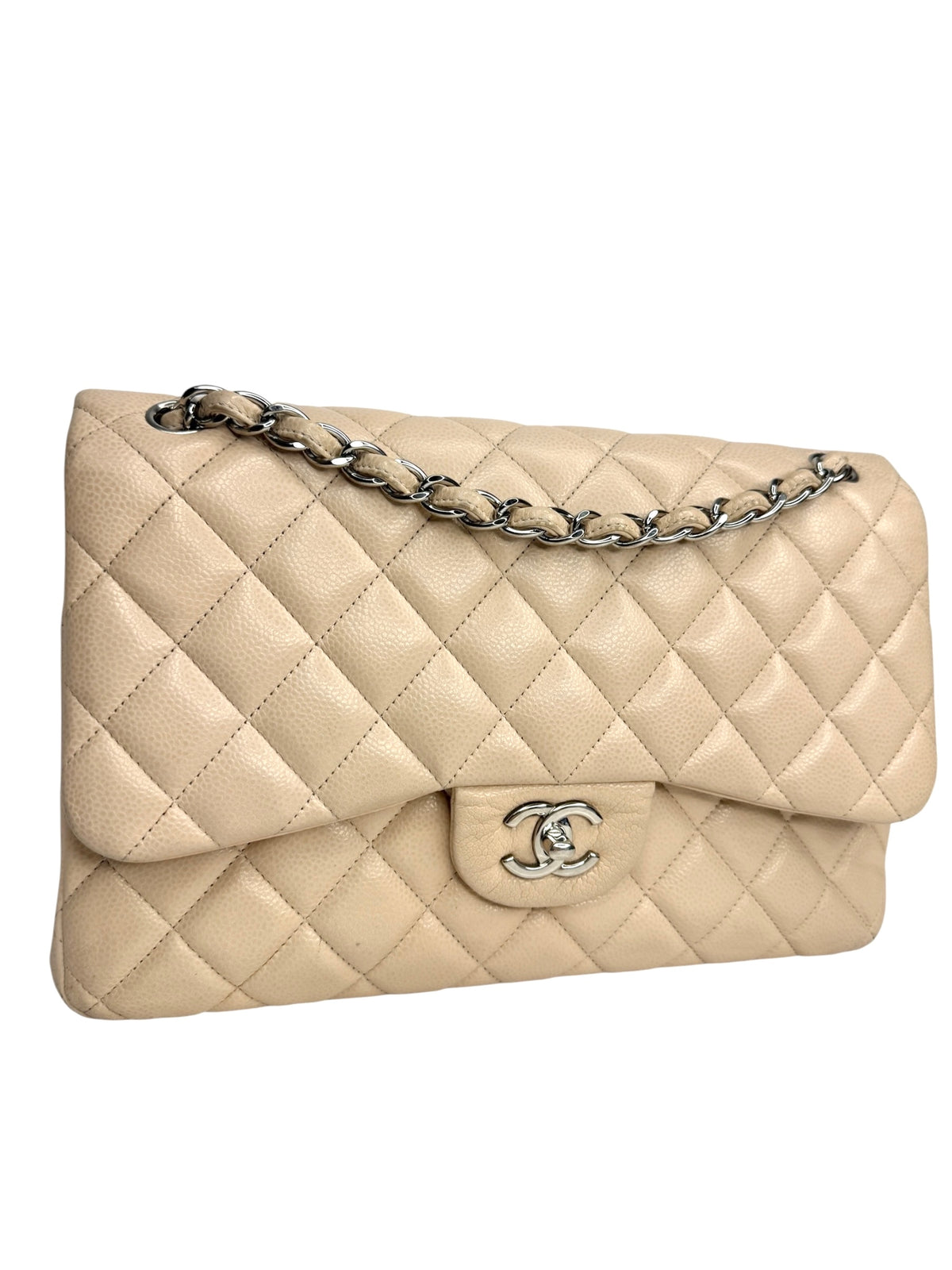 Chanel Beige Caviar Jumbo Double Flap SHW T8961