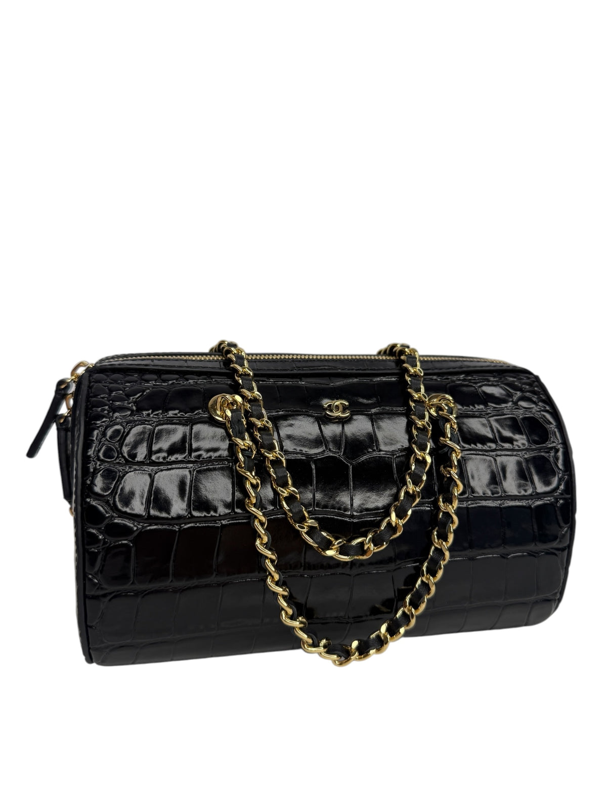 Chanel Black Crocodile Embossed Mini Bowling Bag T8897