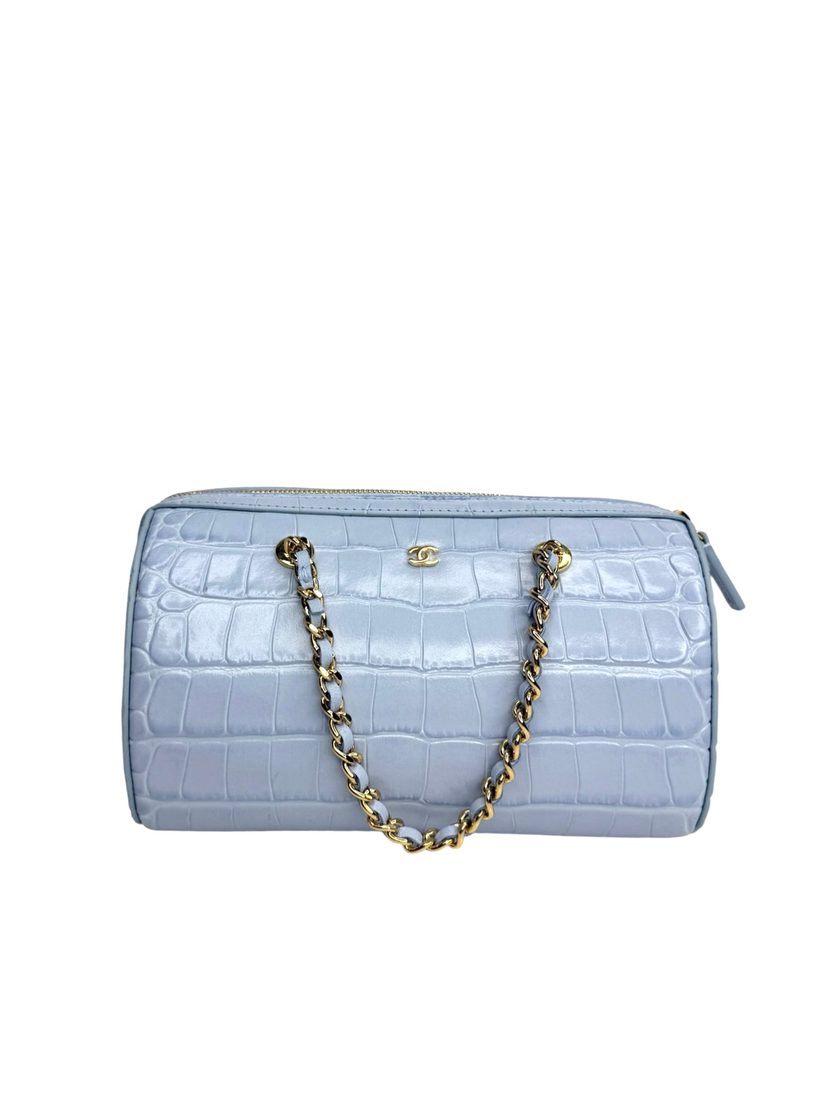 Chanel Light Blue Crocodile Embossed Mini Bowling Bag T8898